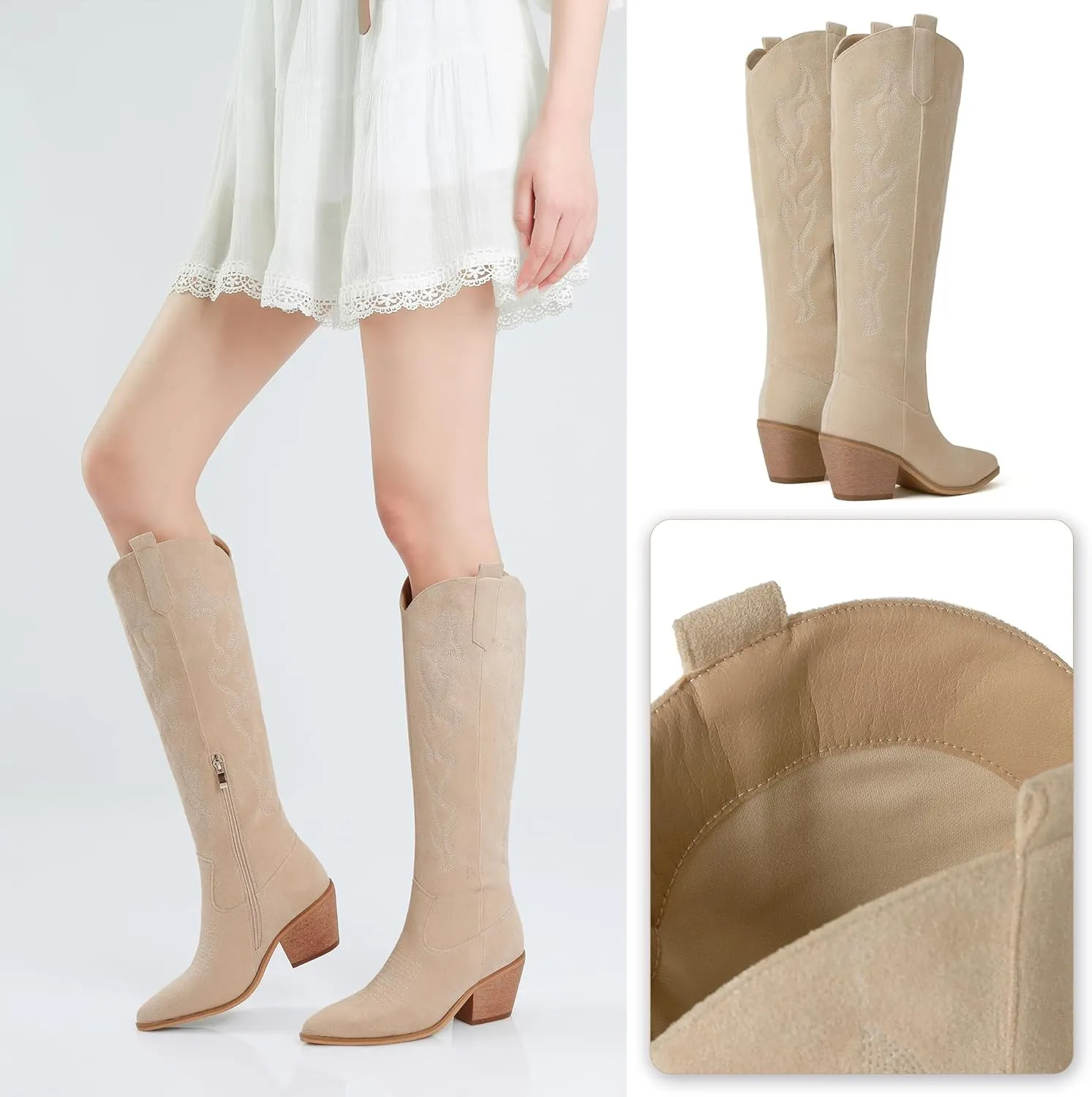 Reitoye Cowboy Boots for Women Embroidery Western Cowgirl Knee High Chunky Heel Boots with Pull-Up Tabs