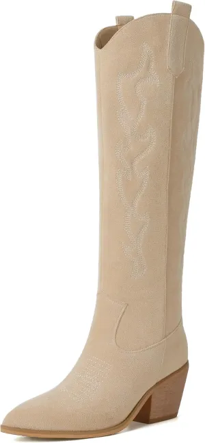 Reitoye Cowboy Boots for Women Embroidery Western Cowgirl Knee High Chunky Heel Boots with Pull-Up Tabs