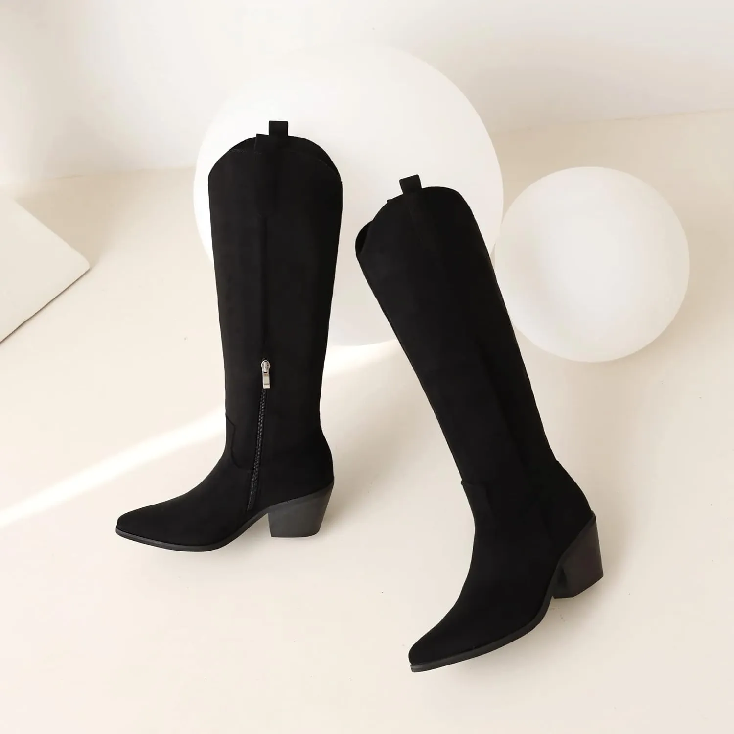 Reitoye Cowboy Boots for Women Embroidery Western Cowgirl Knee High Chunky Heel Boots with Pull-Up Tabs