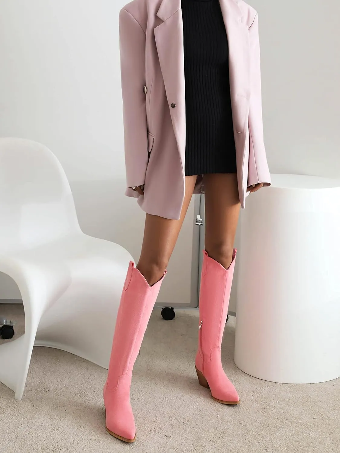 Reitoye Cowboy Boots for Women Embroidery Western Cowgirl Knee High Chunky Heel Boots with Pull-Up Tabs
