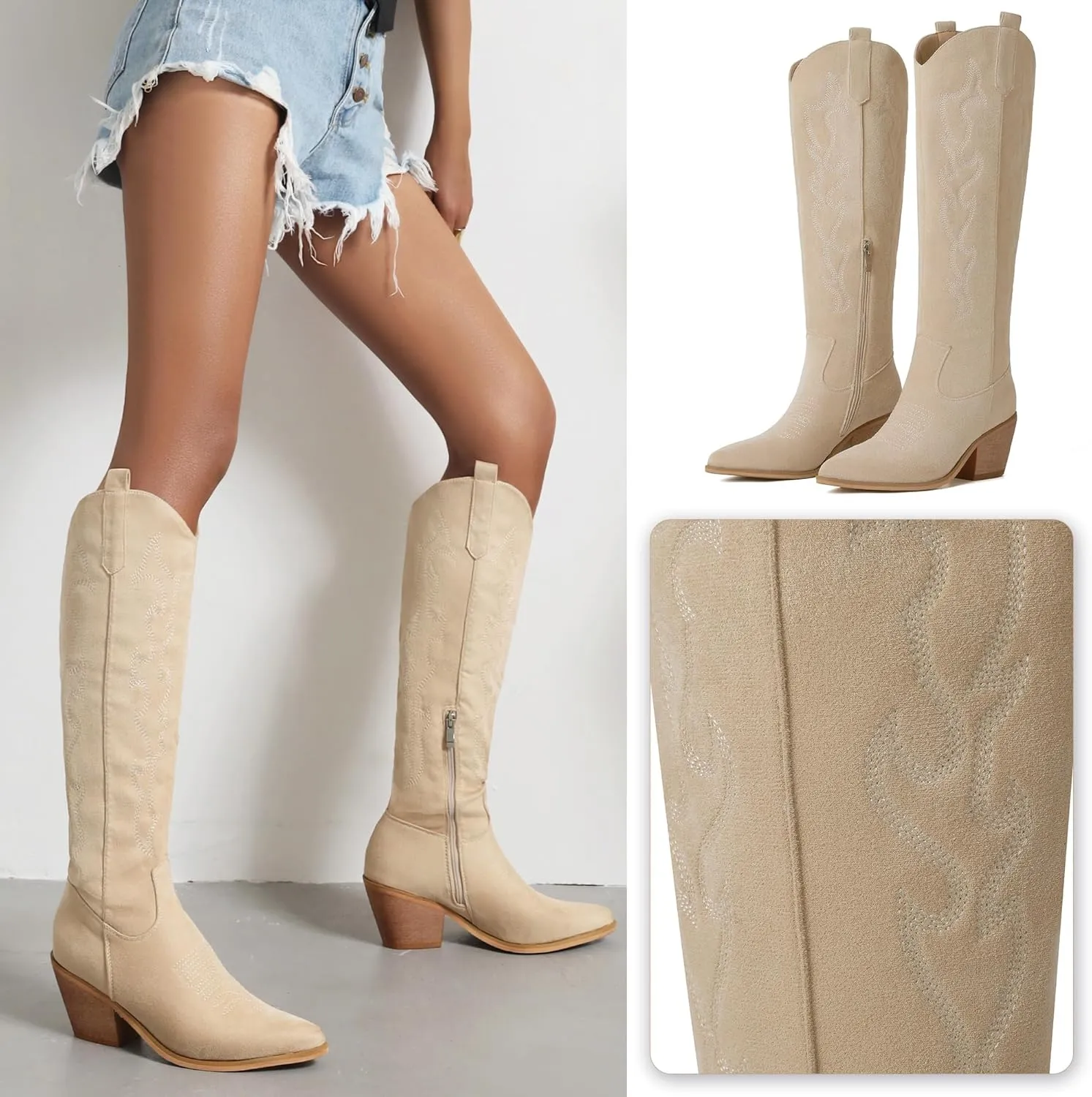 Reitoye Cowboy Boots for Women Embroidery Western Cowgirl Knee High Chunky Heel Boots with Pull-Up Tabs