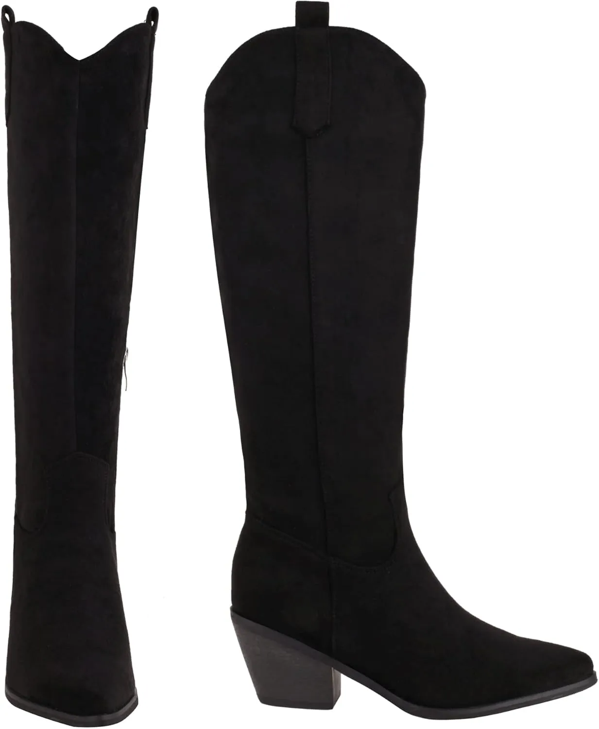 Reitoye Cowboy Boots for Women Embroidery Western Cowgirl Knee High Chunky Heel Boots with Pull-Up Tabs