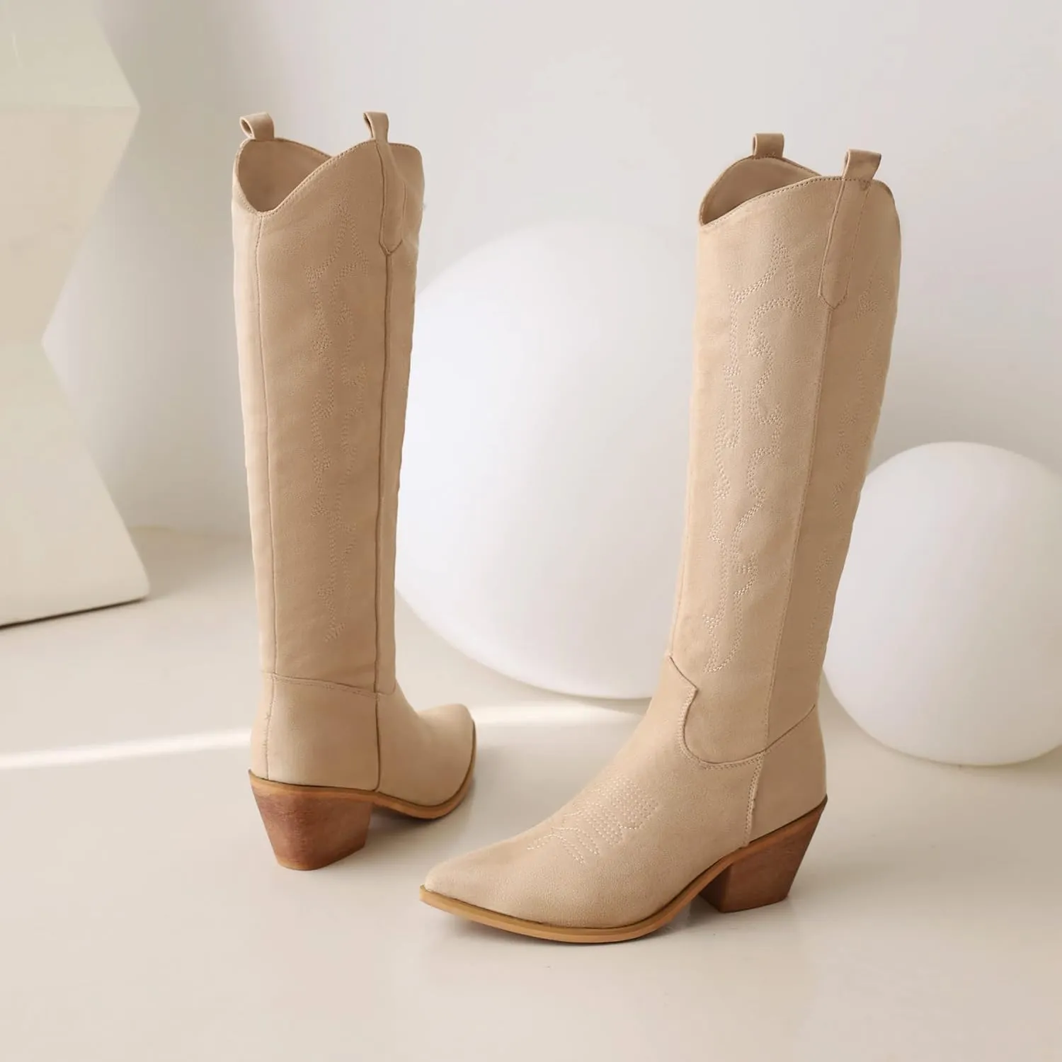 Reitoye Cowboy Boots for Women Embroidery Western Cowgirl Knee High Chunky Heel Boots with Pull-Up Tabs