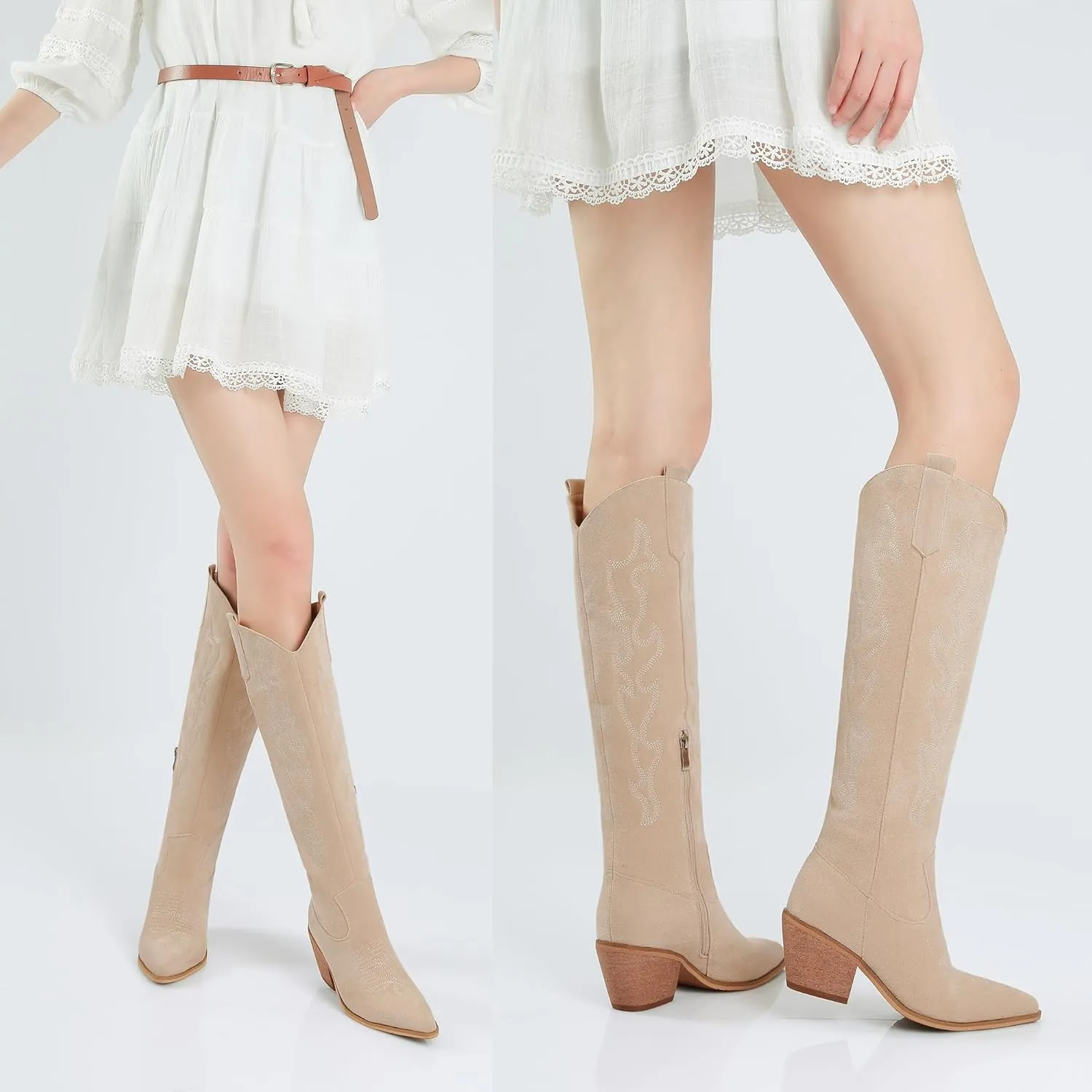 Reitoye Cowboy Boots for Women Embroidery Western Cowgirl Knee High Chunky Heel Boots with Pull-Up Tabs