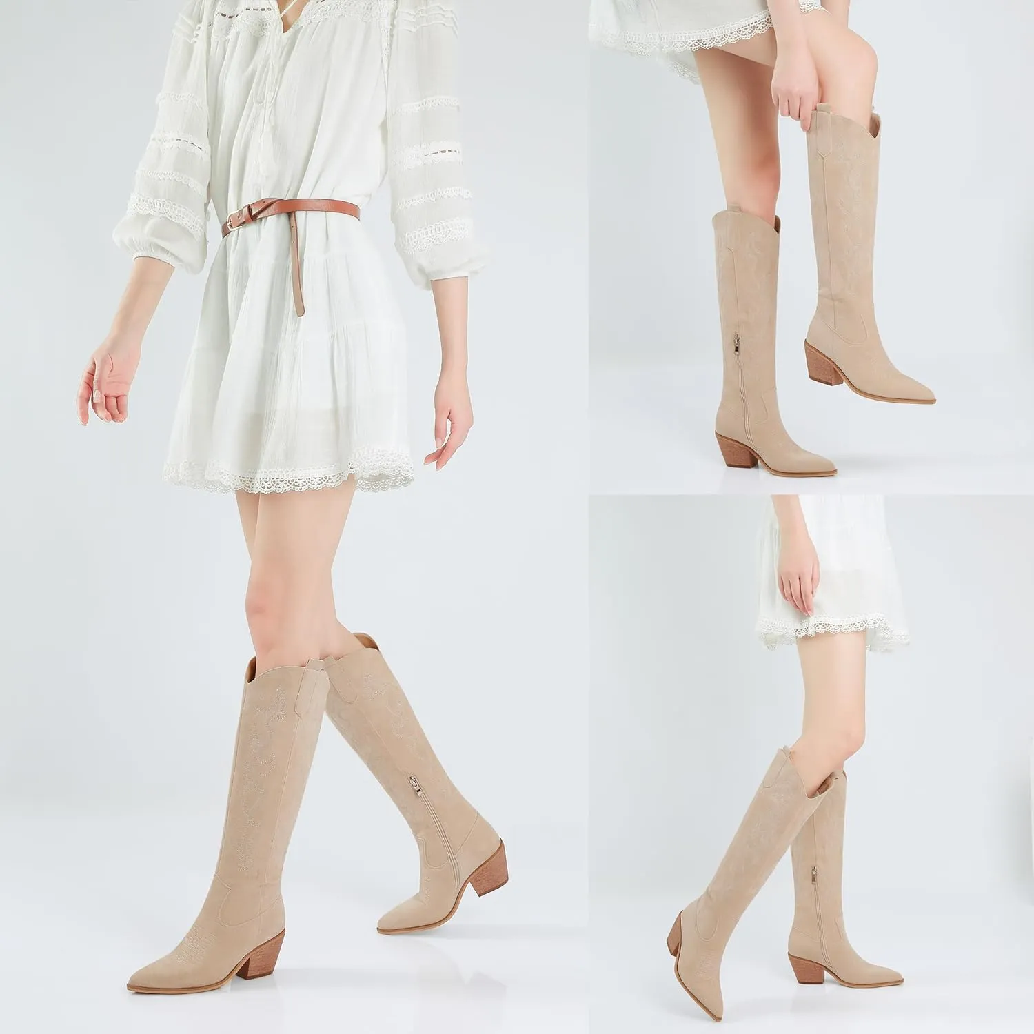 Reitoye Cowboy Boots for Women Embroidery Western Cowgirl Knee High Chunky Heel Boots with Pull-Up Tabs