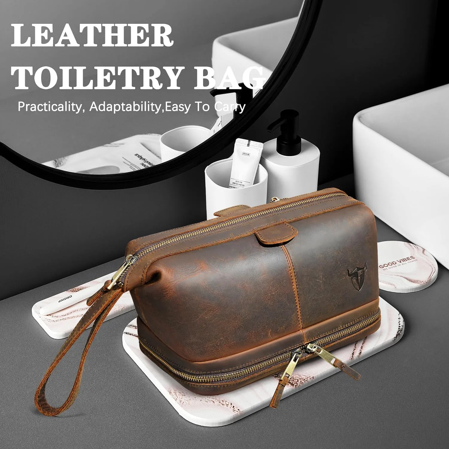 Retro Genuine Crazy Horse Leather Handmade Travel Washroom Toiletry Bag for Men - Dopp Kit - Shaving Kit 771 (773 Brown)