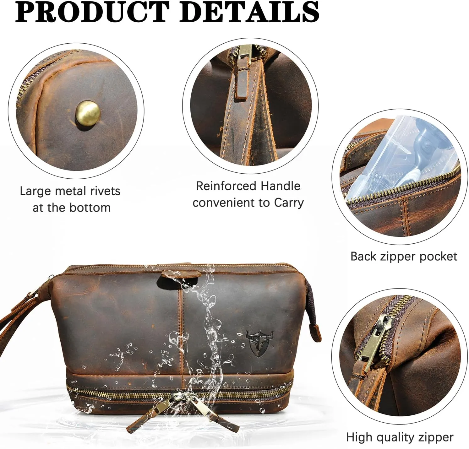 Retro Genuine Crazy Horse Leather Handmade Travel Washroom Toiletry Bag for Men - Dopp Kit - Shaving Kit 771 (773 Brown)