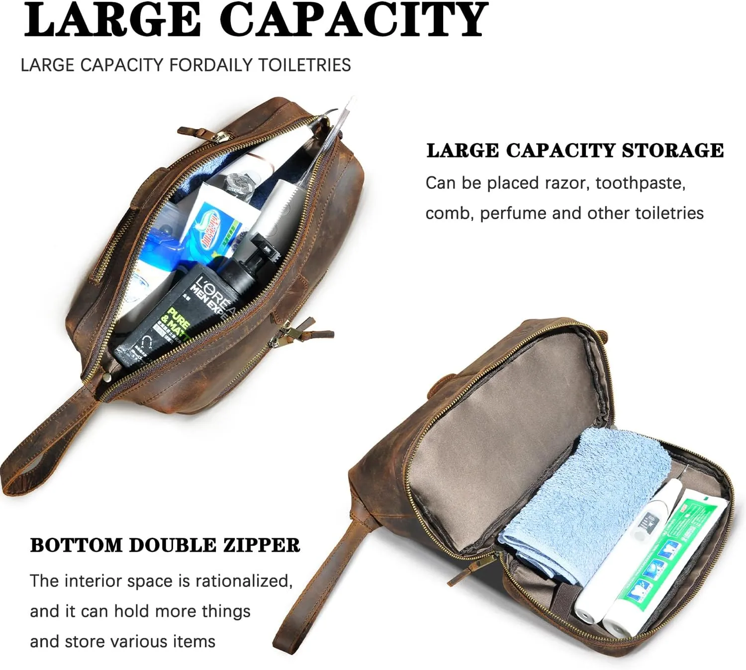 Retro Genuine Crazy Horse Leather Handmade Travel Washroom Toiletry Bag for Men - Dopp Kit - Shaving Kit 771 (773 Brown)