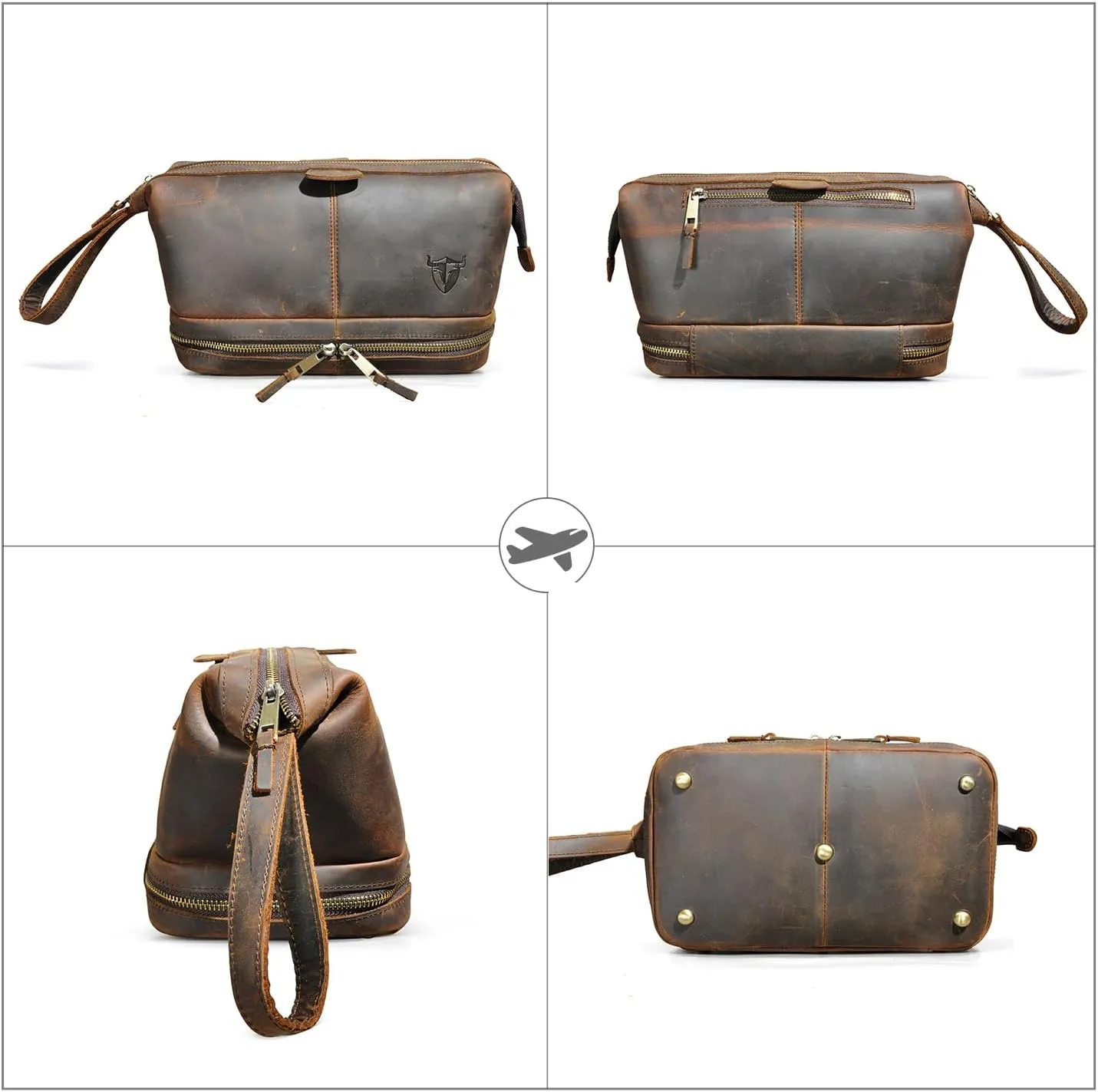 Retro Genuine Crazy Horse Leather Handmade Travel Washroom Toiletry Bag for Men - Dopp Kit - Shaving Kit 771 (773 Brown)