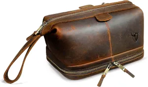 Retro Genuine Crazy Horse Leather Handmade Travel Washroom Toiletry Bag for Men - Dopp Kit - Shaving Kit 771 (773 Brown)