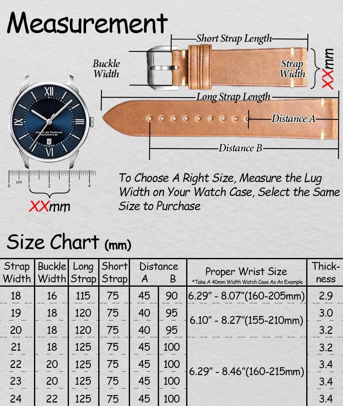 REZERO Quick Release Watch Band, Top Grain Leather Watch Straps, Italian Calfskin Watchbands Replacement 18mm 19mm 20mm 21mm 22mm 23mm 24mm for Men, Women