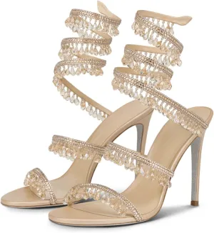 Rhinestone Tassel Wrap Around High Heels Stiletto Sandals for Women,Women's Colorful Diamonds Twist Around Open Round Toe Lace up Heeled Sandals Date Banquet Dress Wedding Prom High Heeled Shoes
