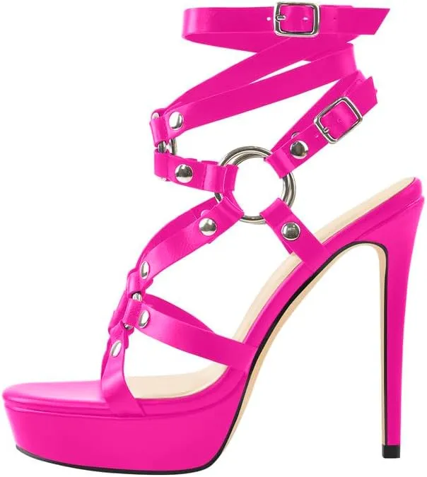 richealnini Platform Heel Sandals for Women Ankle Straps Buckles Stiletto High Heels