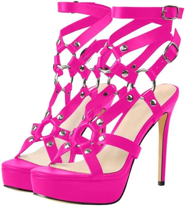 richealnini Platform Heel Sandals for Women Ankle Straps Buckles Stiletto High Heels