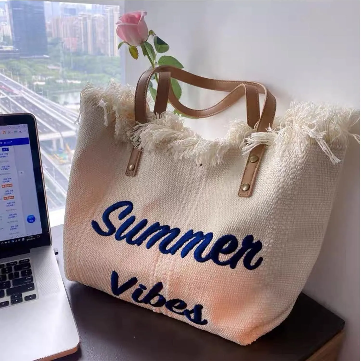 Rong Shop Women Large Beach Canvas Tote Bag Summer Vibes Beach Bag Big Capacity Tassel Handbag