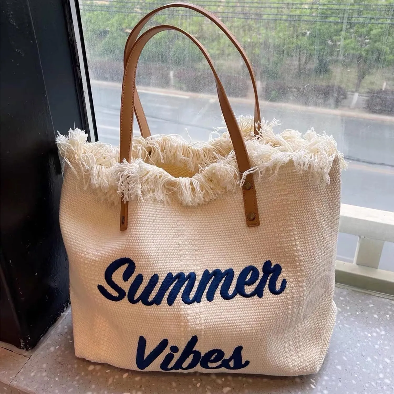 Rong Shop Women Large Beach Canvas Tote Bag Summer Vibes Beach Bag Big Capacity Tassel Handbag