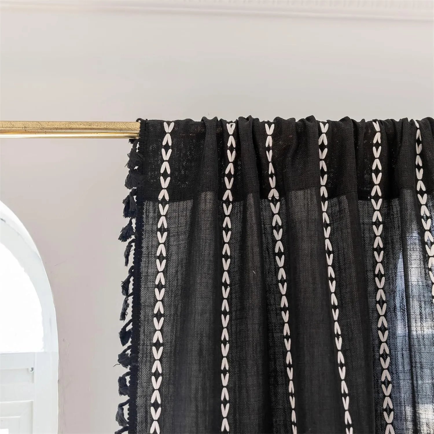 RoomTalks Black Boho Farmhouse Curtains for Bedroom Living Room 84 Inch Length 2 Panles, French Country Halloween Gothic Cute Textured Window Curtain Panels Bohemian Vintage Tassel Draperies