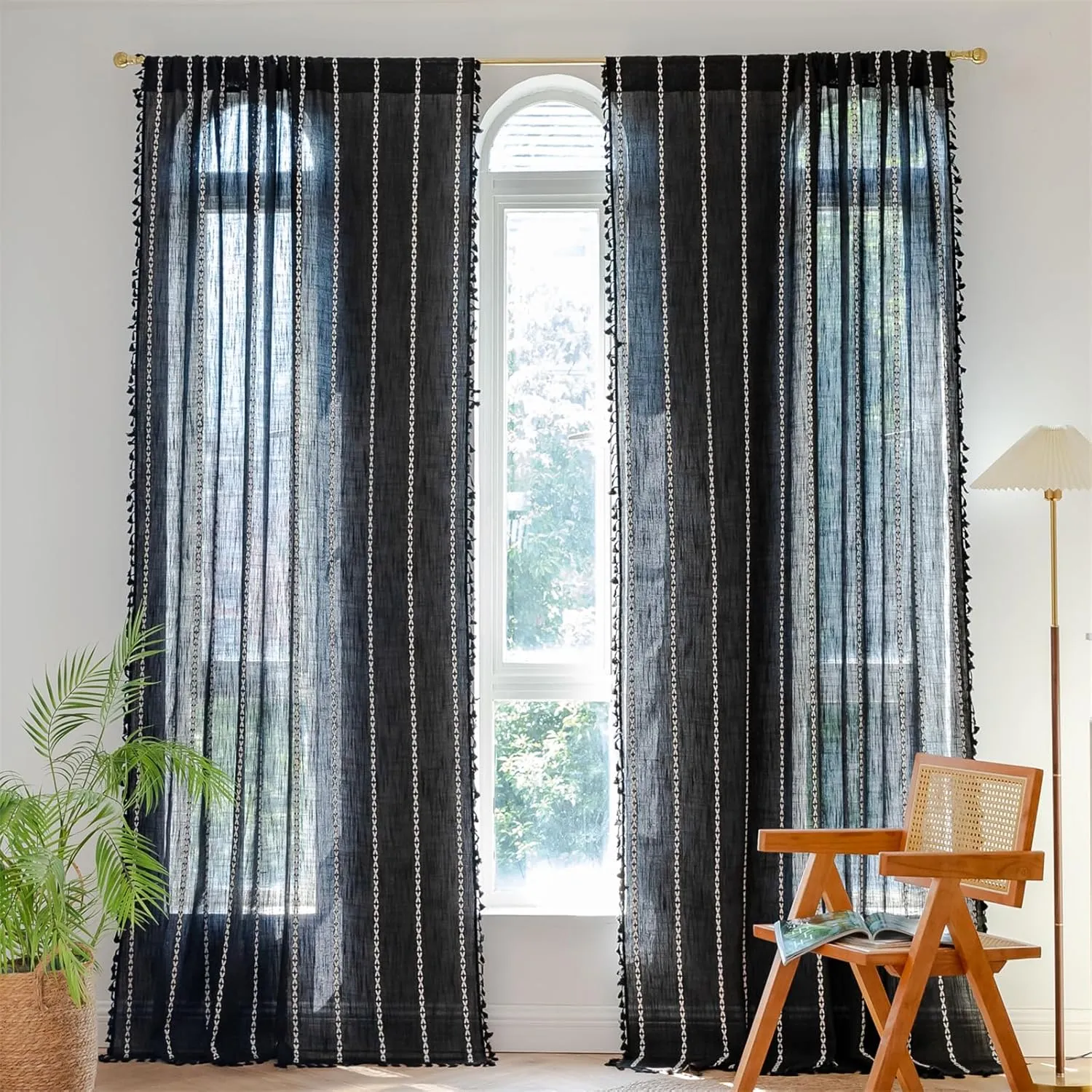 RoomTalks Black Boho Farmhouse Curtains for Bedroom Living Room 84 Inch Length 2 Panles, French Country Halloween Gothic Cute Textured Window Curtain Panels Bohemian Vintage Tassel Draperies