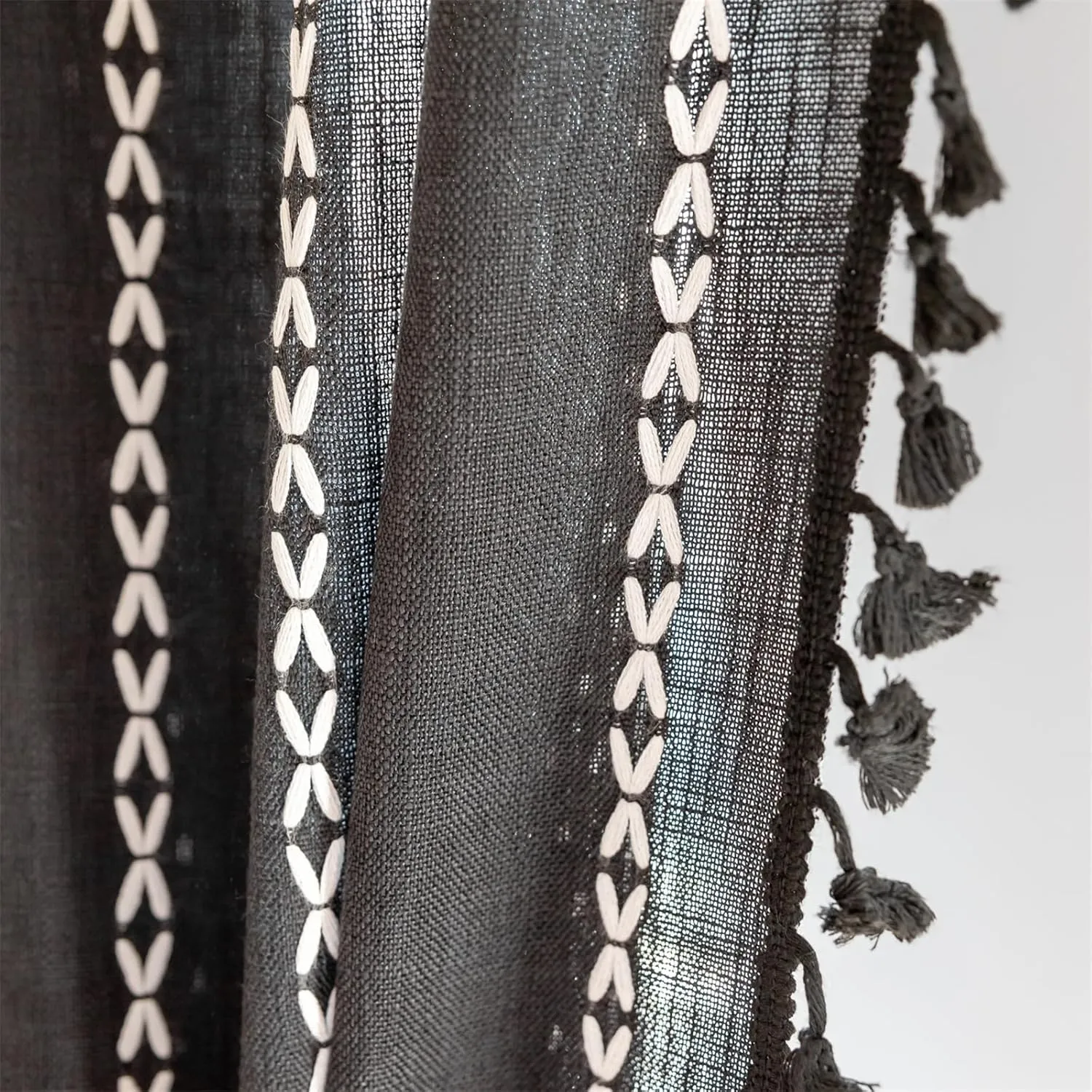RoomTalks Black Boho Farmhouse Curtains for Bedroom Living Room 84 Inch Length 2 Panles, French Country Halloween Gothic Cute Textured Window Curtain Panels Bohemian Vintage Tassel Draperies