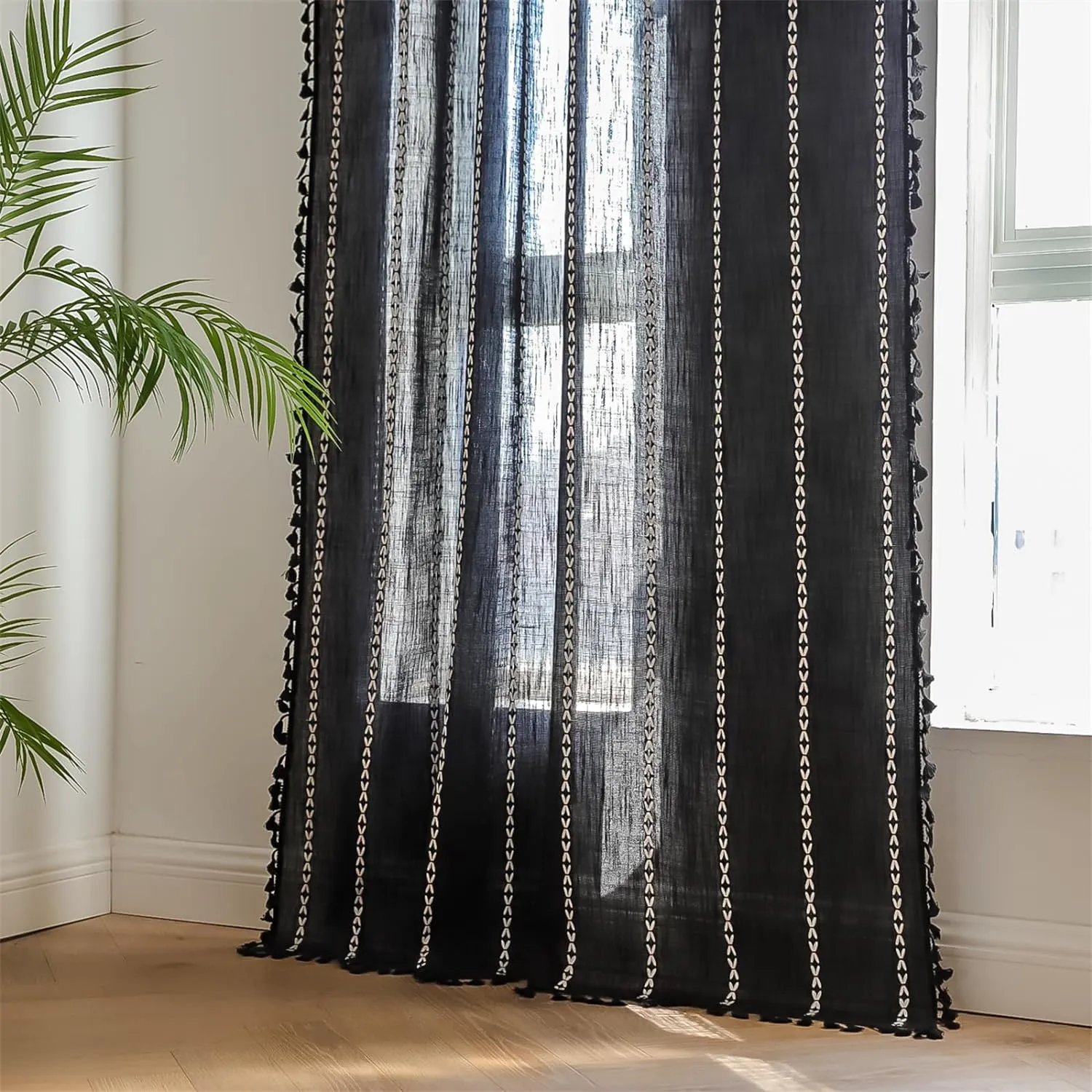 RoomTalks Black Boho Farmhouse Curtains for Bedroom Living Room 84 Inch Length 2 Panles, French Country Halloween Gothic Cute Textured Window Curtain Panels Bohemian Vintage Tassel Draperies