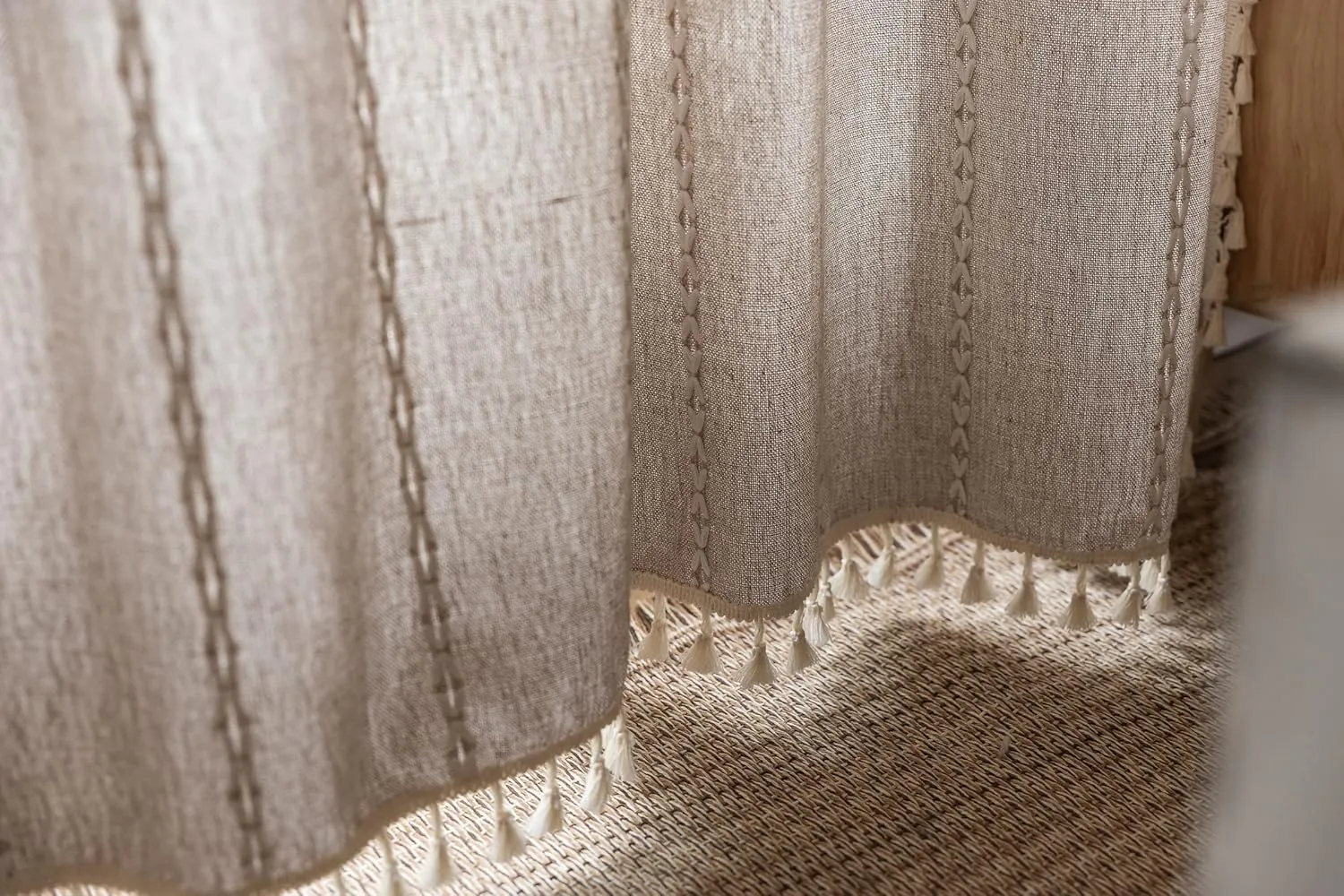 RoomTalks Boho Farmhouse Curtains for Bedroom Living Room 84 Inch Length in Tan French Cabin Rustic Country Cute Cotton Polyester Window Curtain Panels Bohemian Chic Tassel Draperies, 84’’L x 52’’W
