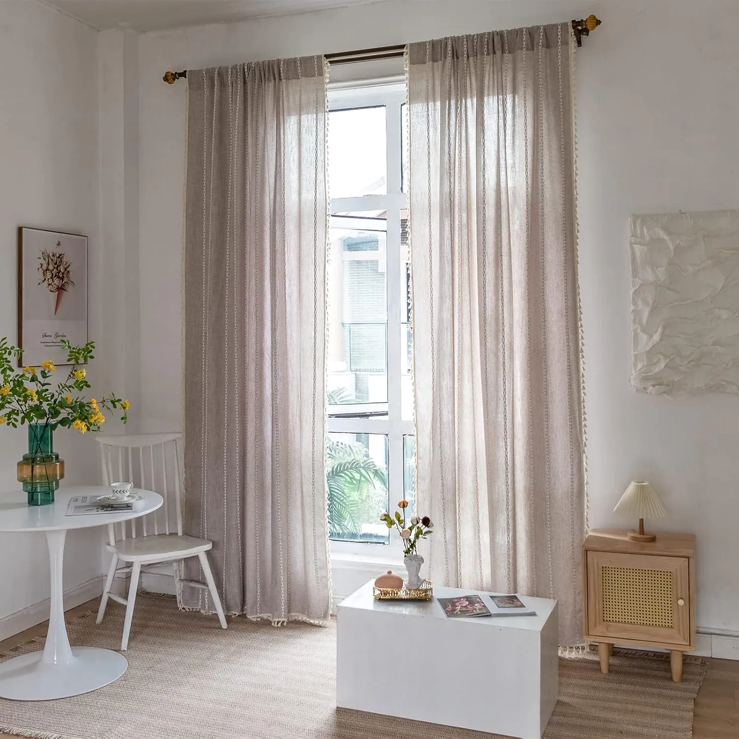 RoomTalks Boho Farmhouse Curtains for Bedroom Living Room 84 Inch Length in Tan French Cabin Rustic Country Cute Cotton Polyester Window Curtain Panels Bohemian Chic Tassel Draperies, 84’’L x 52’’W