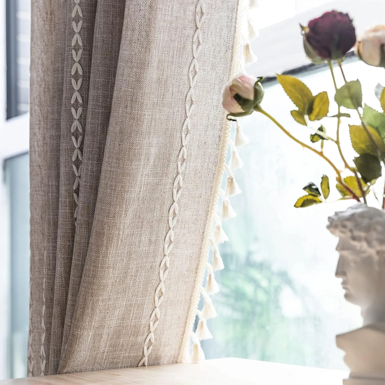 RoomTalks Boho Farmhouse Curtains for Bedroom Living Room 84 Inch Length in Tan French Cabin Rustic Country Cute Cotton Polyester Window Curtain Panels Bohemian Chic Tassel Draperies, 84’’L x 52’’W