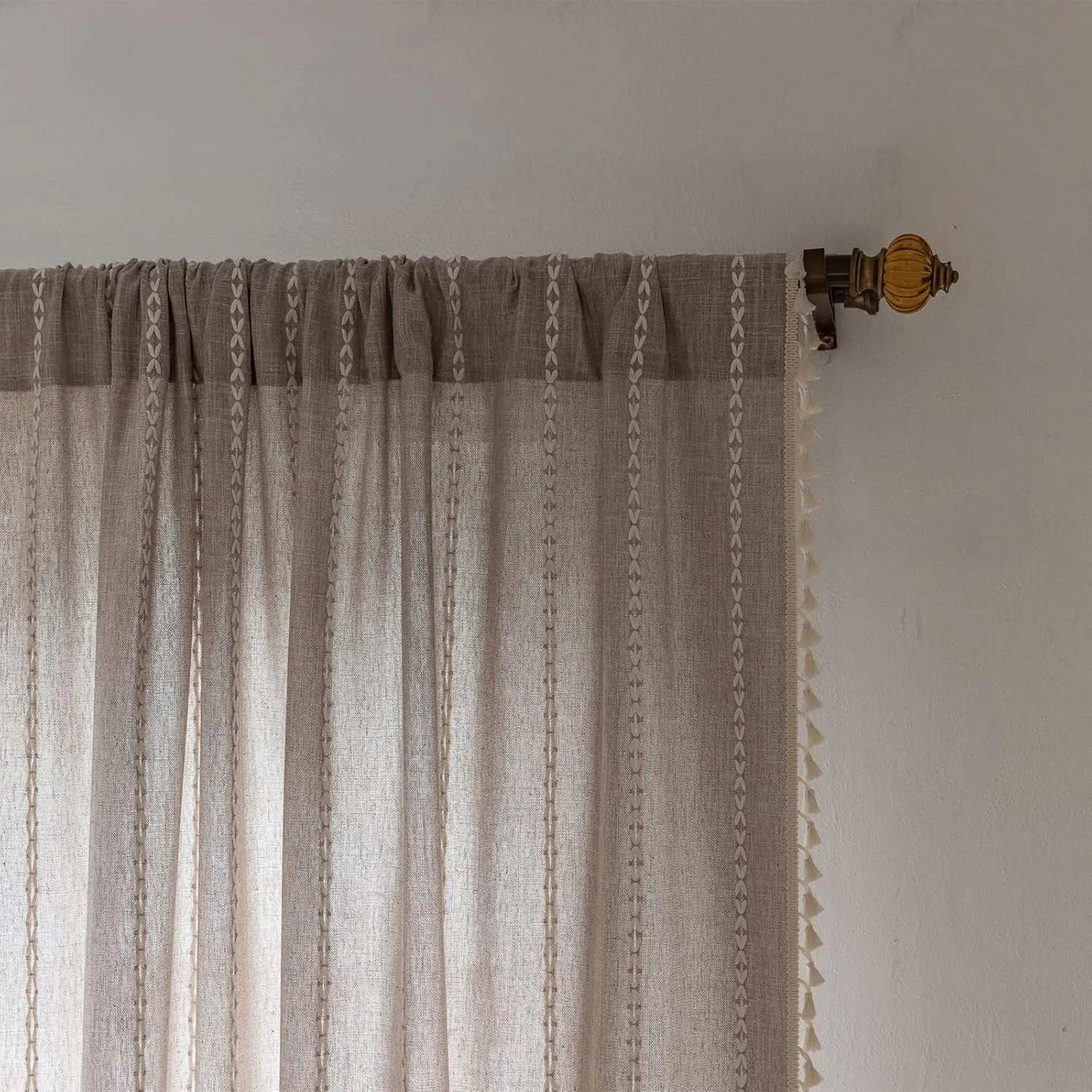 RoomTalks Boho Farmhouse Curtains for Bedroom Living Room 84 Inch Length in Tan French Cabin Rustic Country Cute Cotton Polyester Window Curtain Panels Bohemian Chic Tassel Draperies, 84’’L x 52’’W