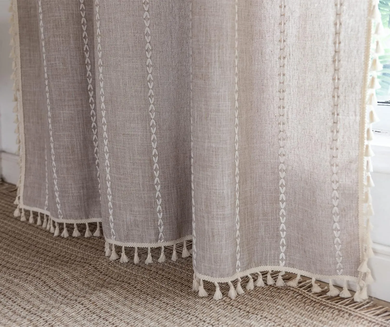 RoomTalks Boho Farmhouse Curtains for Bedroom Living Room 84 Inch Length in Tan French Cabin Rustic Country Cute Cotton Polyester Window Curtain Panels Bohemian Chic Tassel Draperies, 84’’L x 52’’W