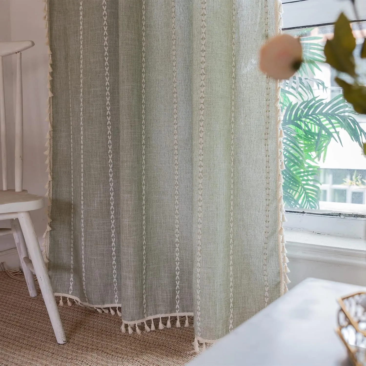 RoomTalks Sage Green Boho Farmhouse Curtains for Bedroom Living Room 84 Inch Length French Country Spring Cute Textured Window Curtain Panels Striped Bohemian Chic Tassel Draperies, 84’’L x 52’’W