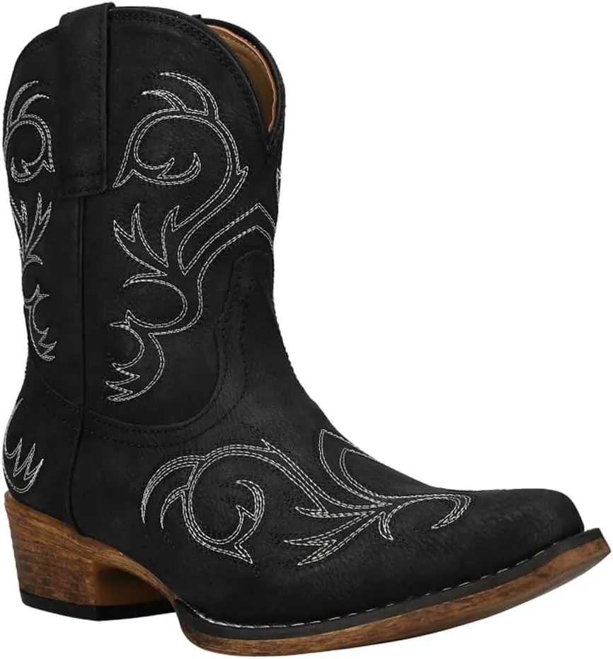 ROPER Womens Riley Shorty Embroidered Snip Toe Casual Boots Ankle Low Heel 1-2" - Black
