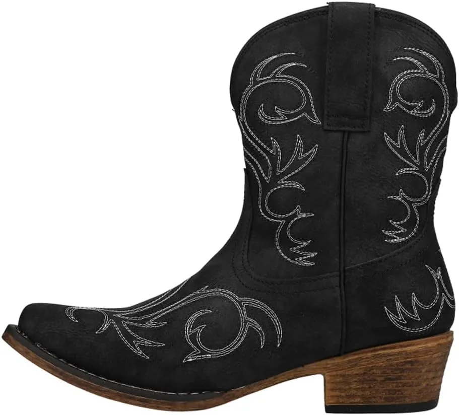ROPER Womens Riley Shorty Embroidered Snip Toe Casual Boots Ankle Low Heel 1-2" - Black