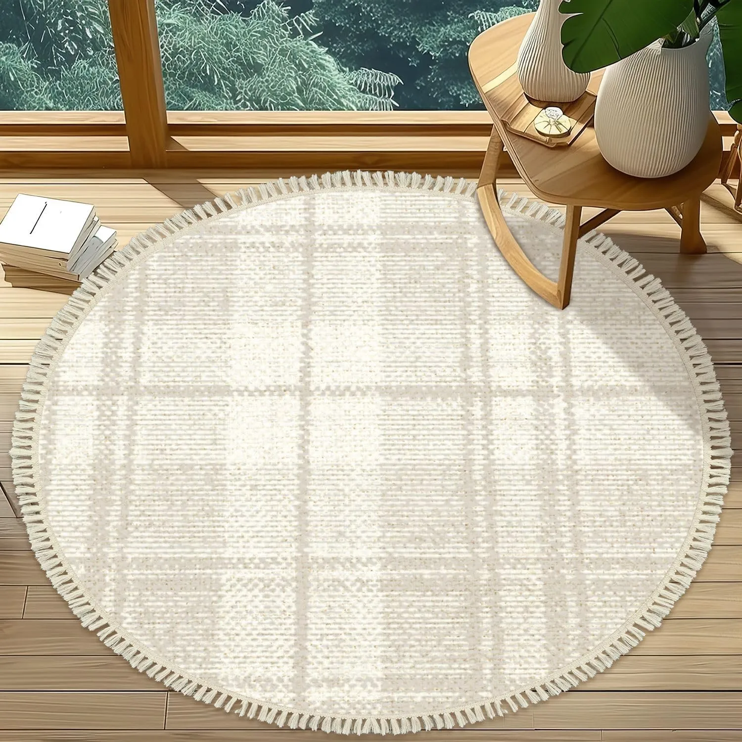 Round Boho Area Rug Trend Seamless Lines Plaid Washed Texture Seamless Pattern Fall Winter Tassels Linen Rug Woven Carpet Minimalist Home Decor for Living Room Bathroom Bedroom Patio Outdoor 6ft