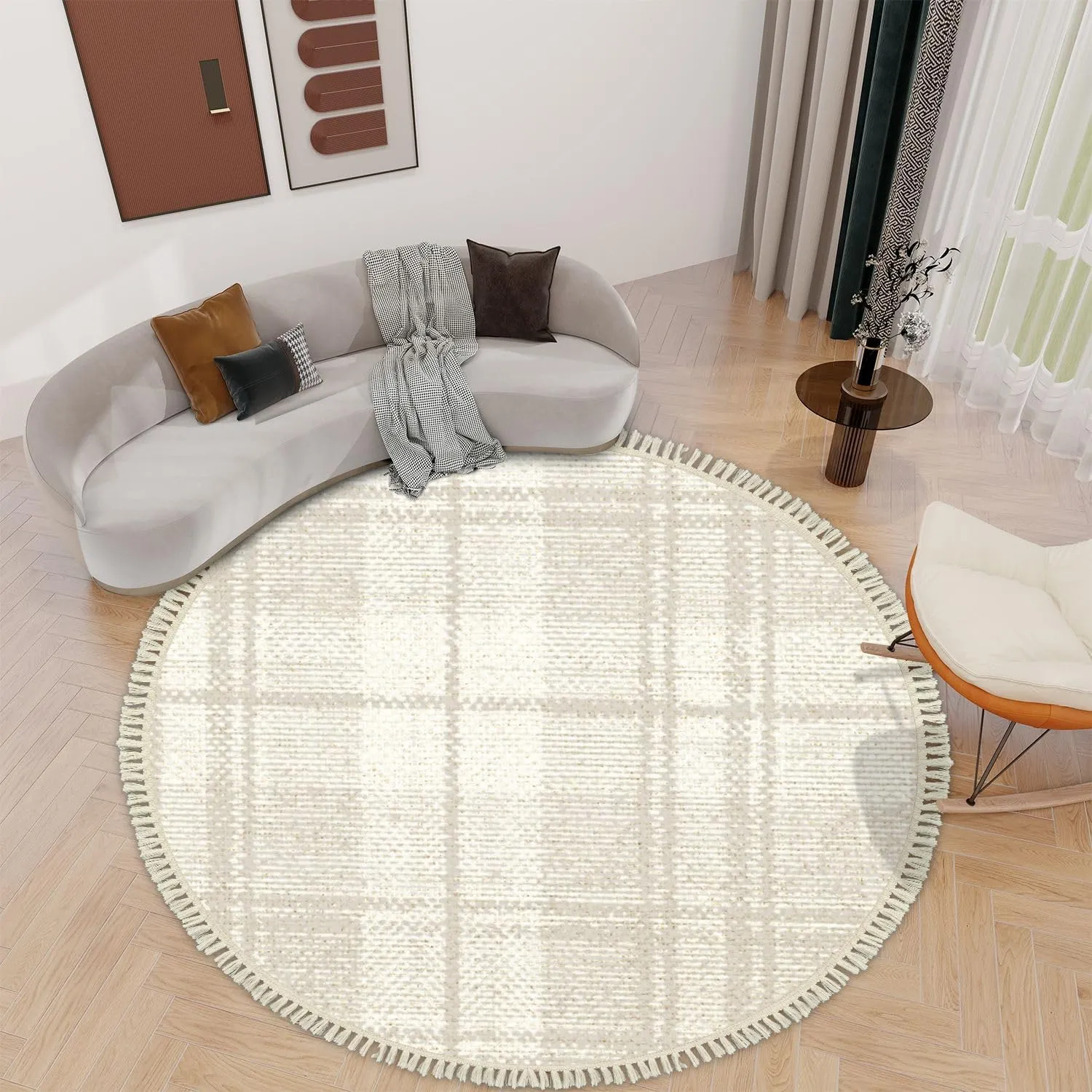 Round Boho Area Rug Trend Seamless Lines Plaid Washed Texture Seamless Pattern Fall Winter Tassels Linen Rug Woven Carpet Minimalist Home Decor for Living Room Bathroom Bedroom Patio Outdoor 6ft