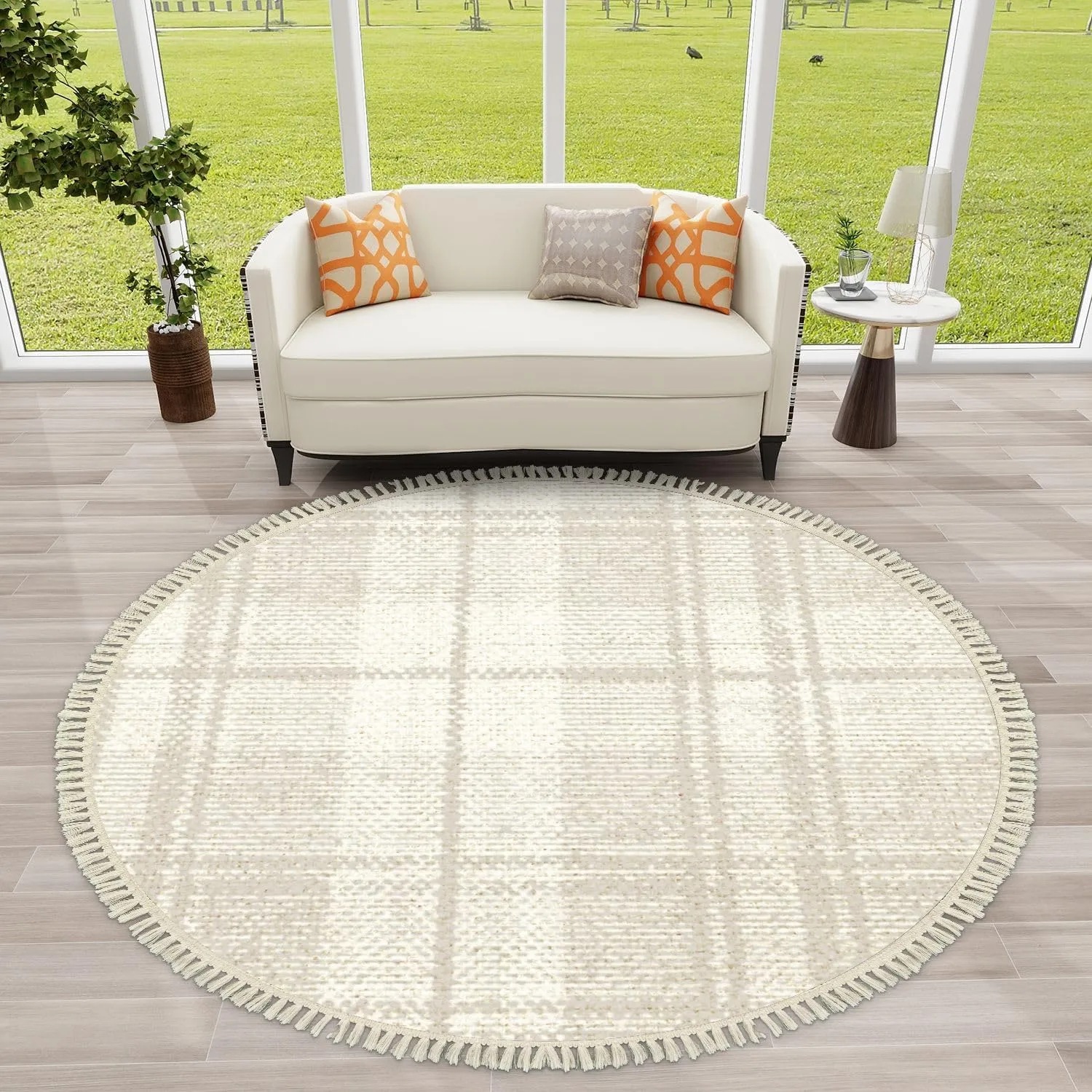 Round Boho Area Rug Trend Seamless Lines Plaid Washed Texture Seamless Pattern Fall Winter Tassels Linen Rug Woven Carpet Minimalist Home Decor for Living Room Bathroom Bedroom Patio Outdoor 6ft
