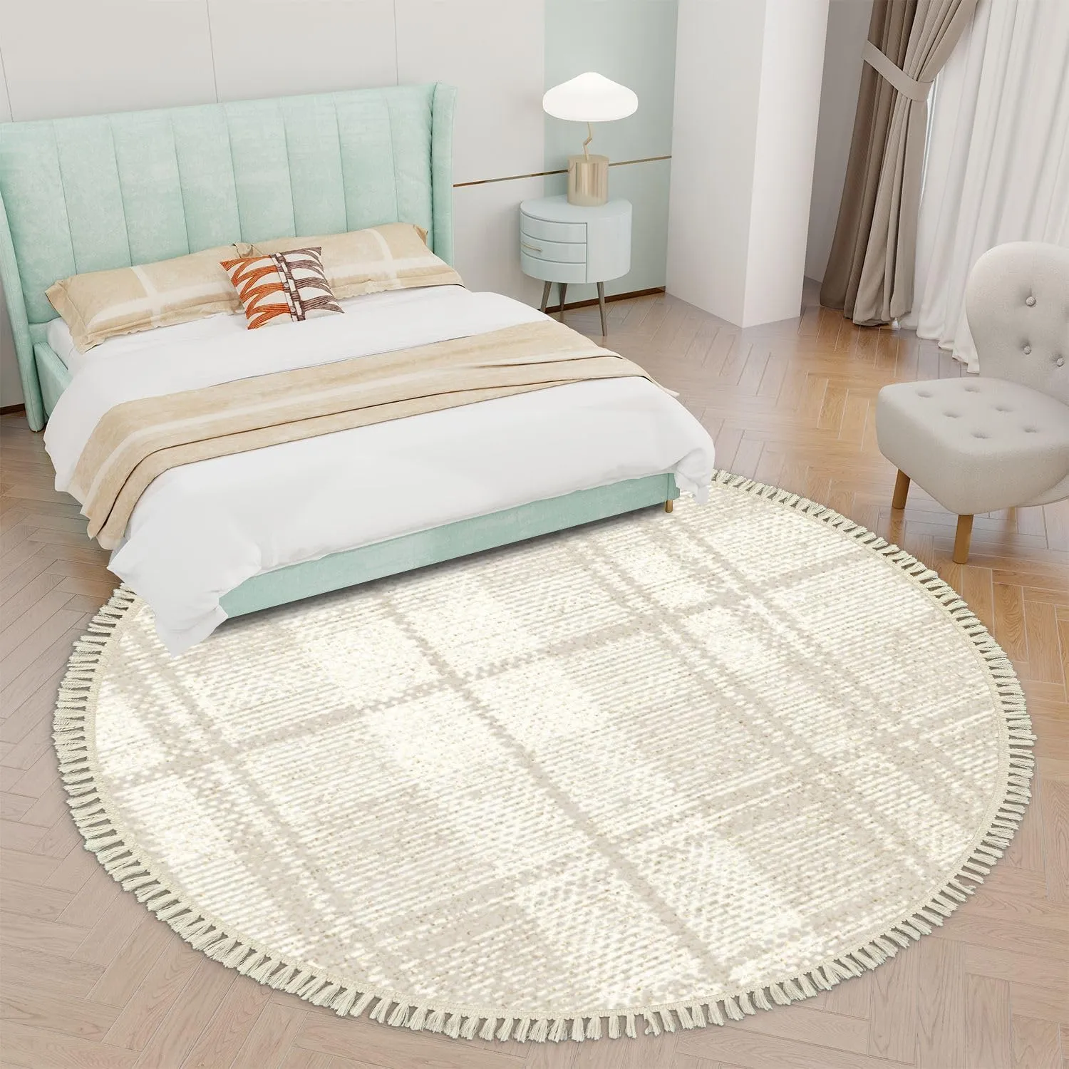 Round Boho Area Rug Trend Seamless Lines Plaid Washed Texture Seamless Pattern Fall Winter Tassels Linen Rug Woven Carpet Minimalist Home Decor for Living Room Bathroom Bedroom Patio Outdoor 6ft