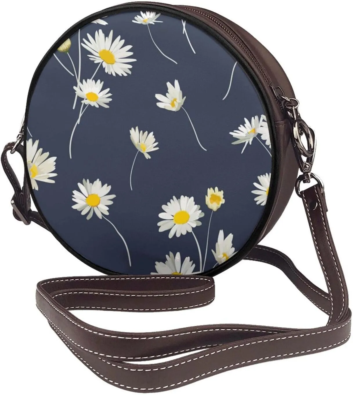 Round Crossbody Bags for Women, Faux Leather Circle Purse Zipper Small Shoulder Bag with Adjustable Straps