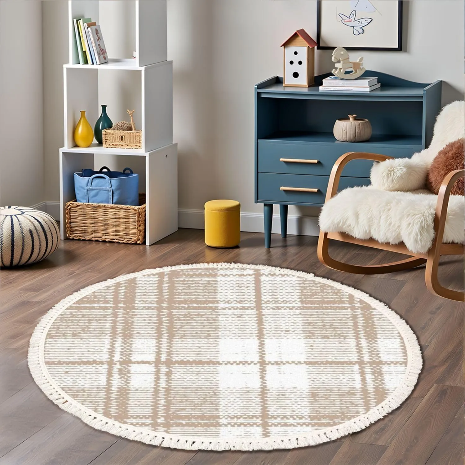 Round Rugs Camel Beige Trend Seamless Lines Plaid Washed Texture Seamless Pattern Boho Area Rug Linen and Cotton Carpet Meditation Rug Washable Hallway Runner Mat Accent Rug for Bedroom Nursery 3ft
