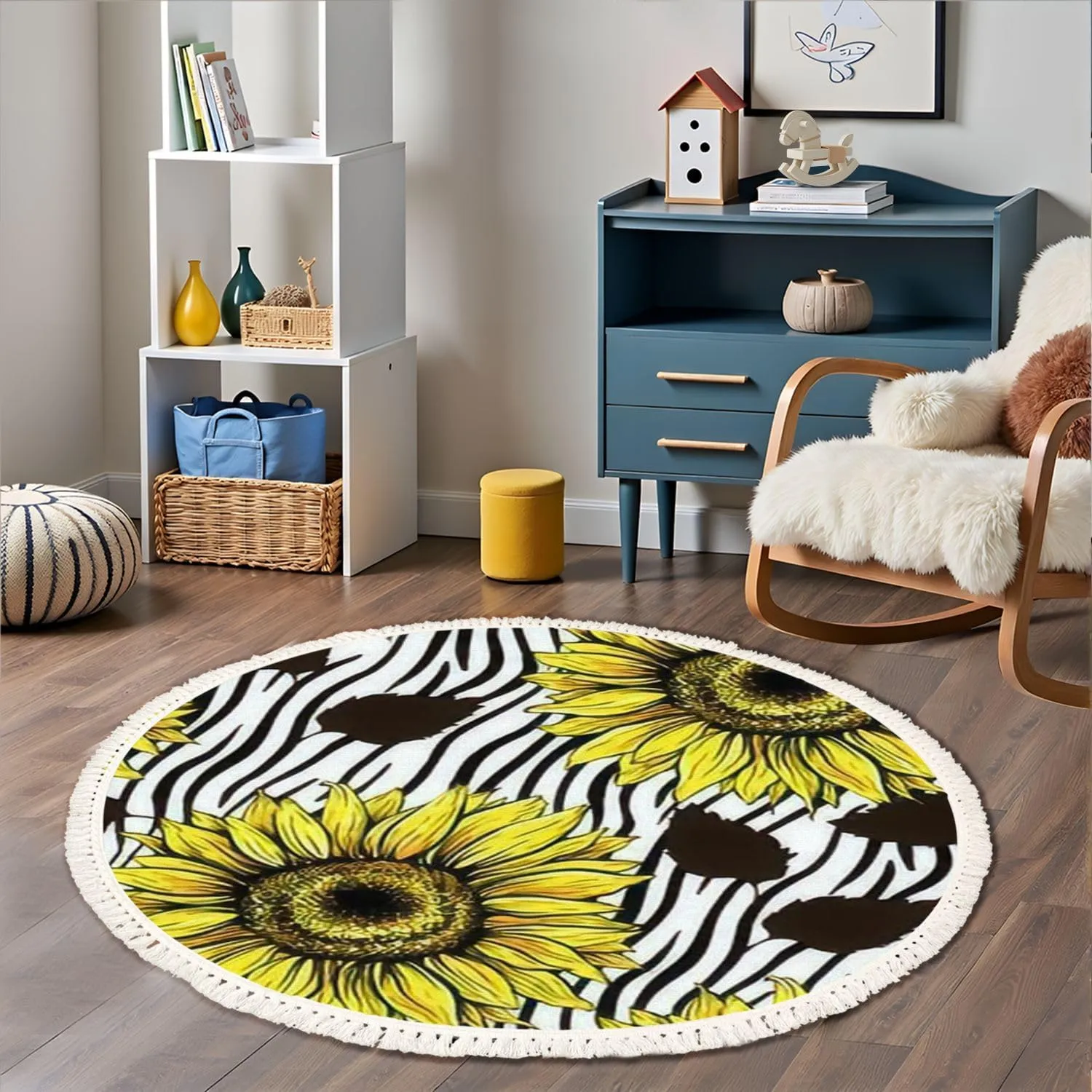Round Rugs Sunflowers Field Seamless for Fabric Textile Design Flat Colors Easy Boho Area Rug Linen and Cotton Carpet Meditation Rug Washable Hallway Runner Mat Accent Rugs for Bedroom Nursery 3ft