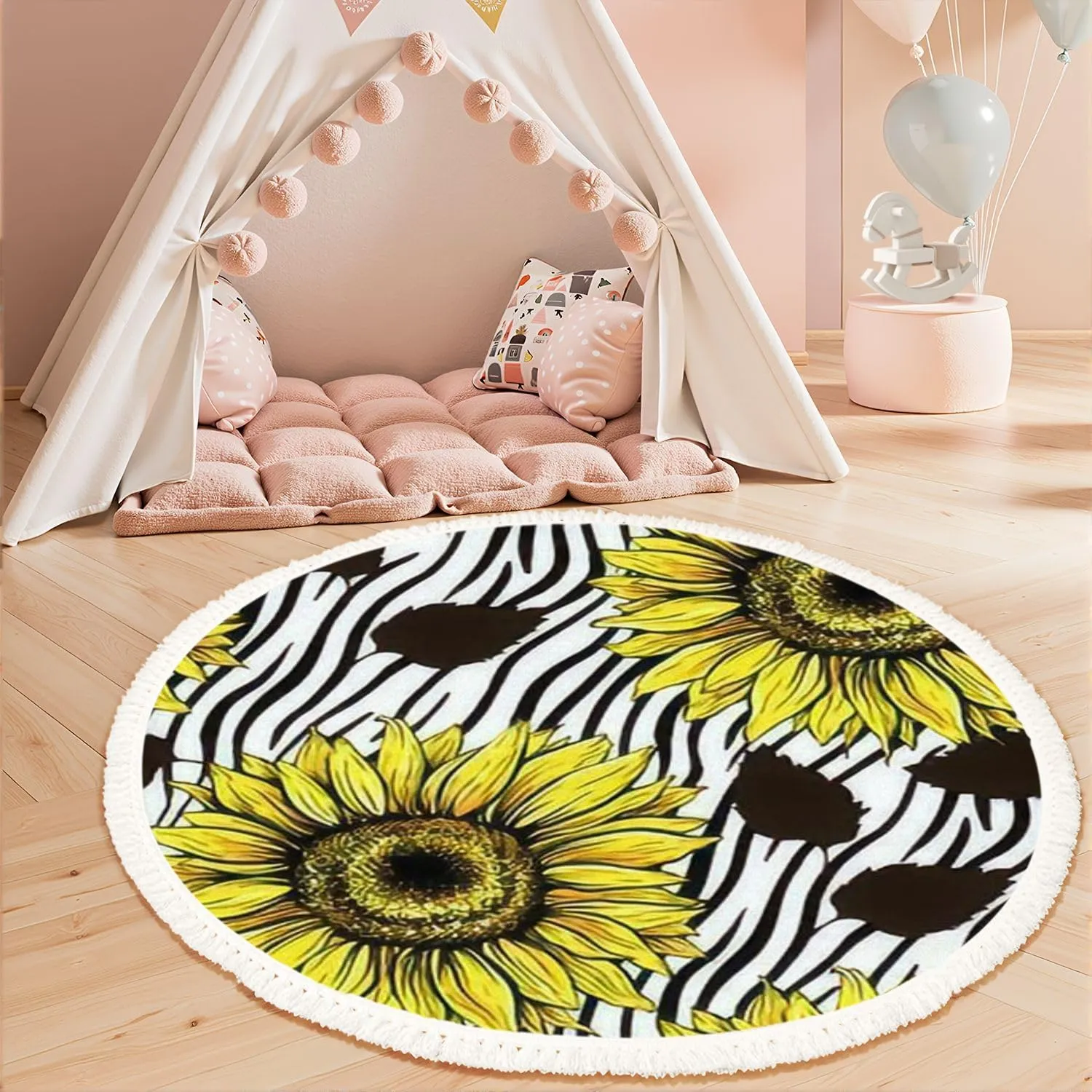 Round Rugs Sunflowers Field Seamless for Fabric Textile Design Flat Colors Easy Boho Area Rug Linen and Cotton Carpet Meditation Rug Washable Hallway Runner Mat Accent Rugs for Bedroom Nursery 3ft