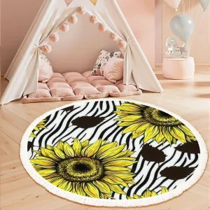 Round Rugs Sunflowers Field Seamless for Fabric Textile Design Flat Colors Easy Boho Area Rug Linen and Cotton Carpet Meditation Rug Washable Hallway Runner Mat Accent Rugs for Bedroom Nursery 3ft