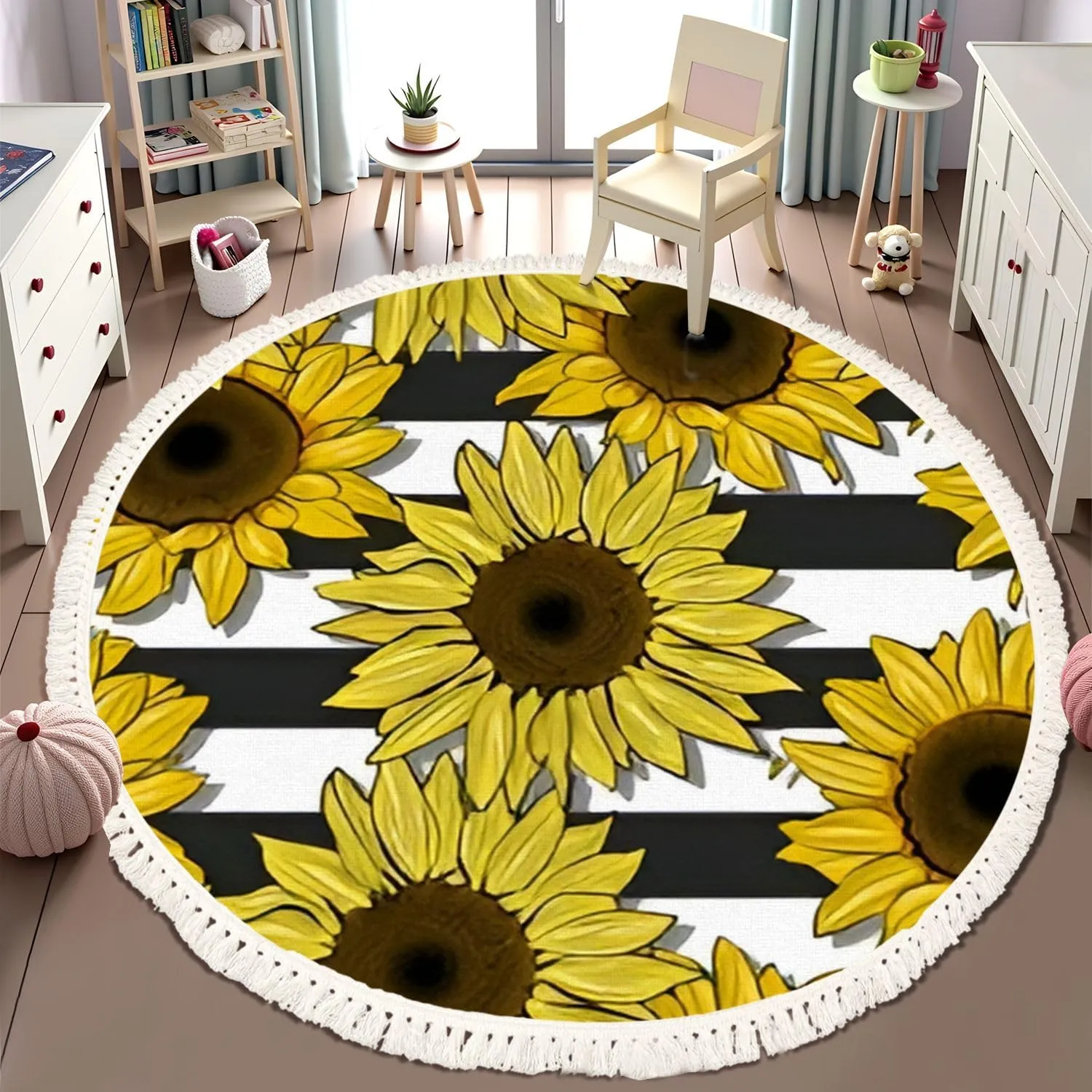 Round Rugs Sunflowers Field Seamless Pattern for Fabric Textile Flat Colors to Boho Area Rug Linen and Cotton Carpet Meditation Rug Washable Hallway Runner Mat Accent Rugs for Bedroom Nursery 6ft