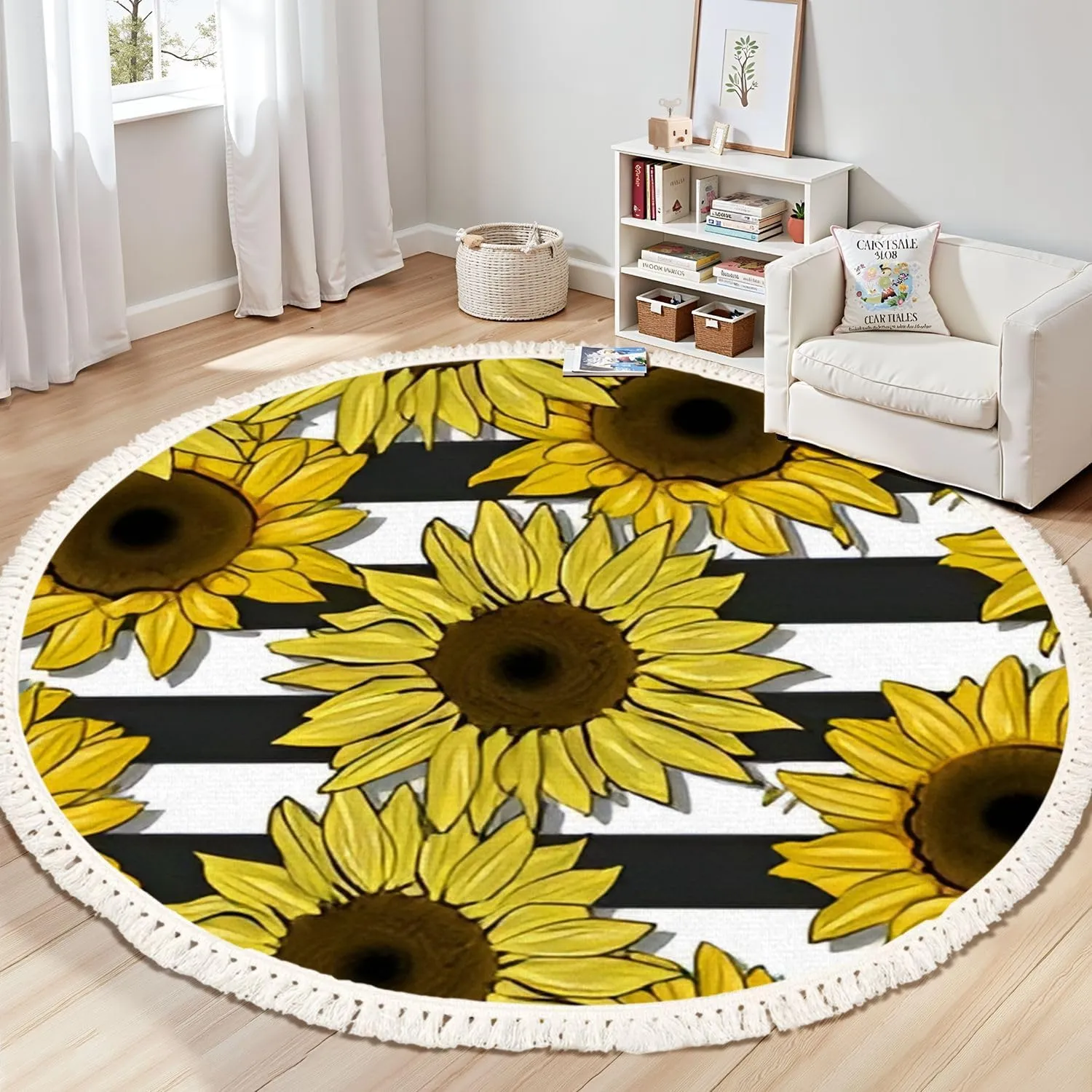 Round Rugs Sunflowers Field Seamless Pattern for Fabric Textile Flat Colors to Boho Area Rug Linen and Cotton Carpet Meditation Rug Washable Hallway Runner Mat Accent Rugs for Bedroom Nursery 6ft