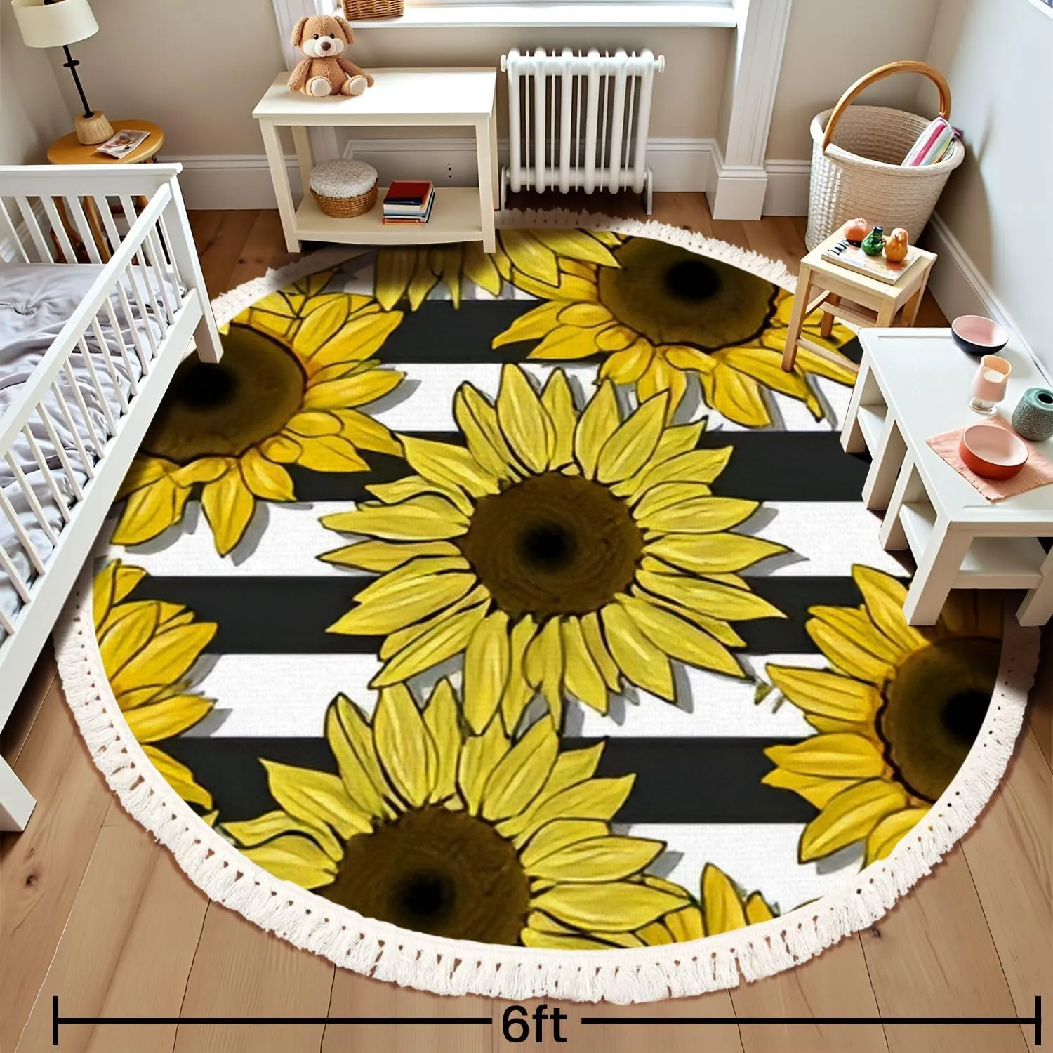 Round Rugs Sunflowers Field Seamless Pattern for Fabric Textile Flat Colors to Boho Area Rug Linen and Cotton Carpet Meditation Rug Washable Hallway Runner Mat Accent Rugs for Bedroom Nursery 6ft