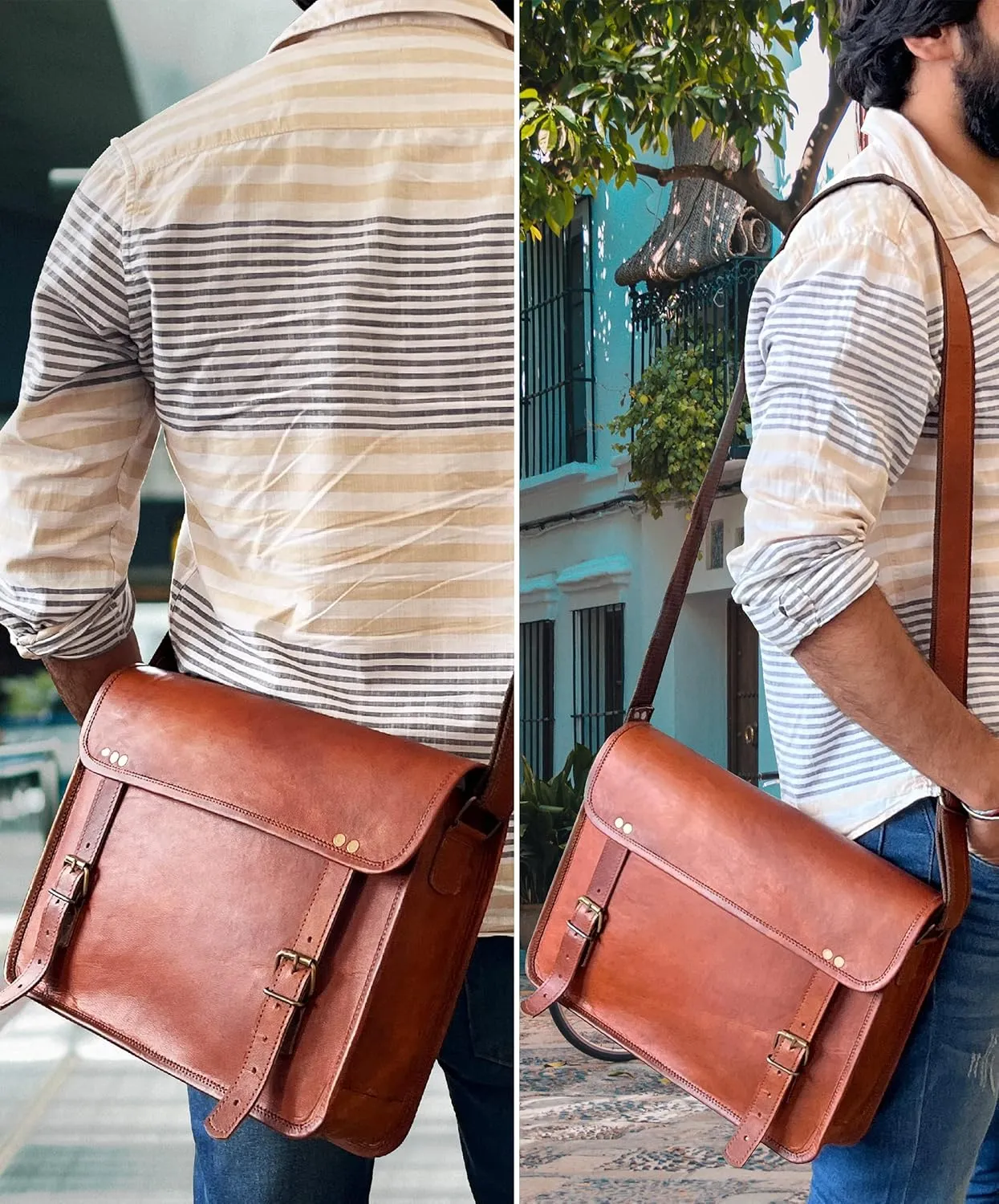 RUSTIC TOWN Leather Messenger Bag for Men Women - Full Grain Leather Laptop Satchel Office Shoulder Bag