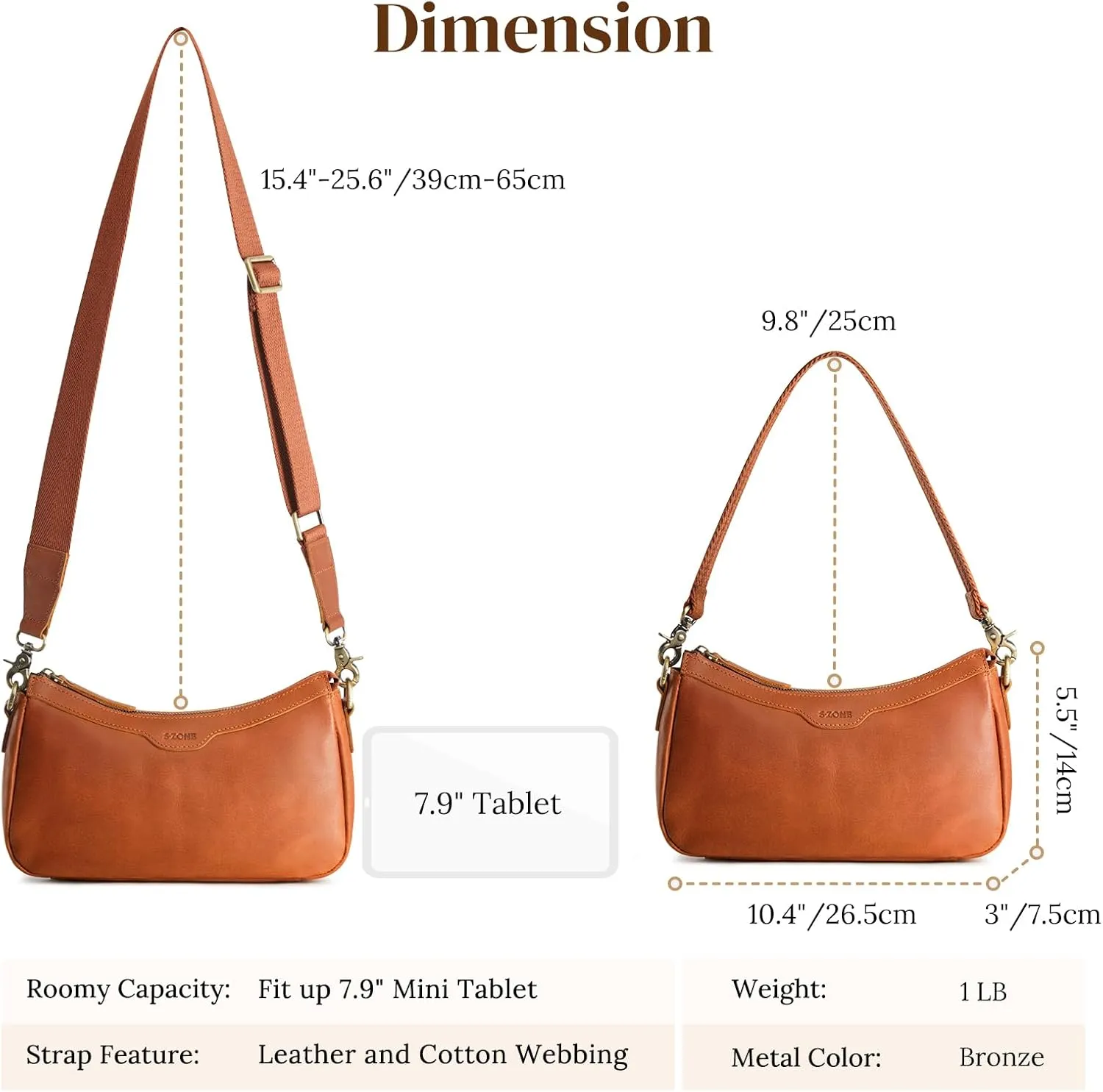 S-ZONE Leather Shoulder Bag for Women Small Crossbody Bags Hobo Purses with 2 Straps