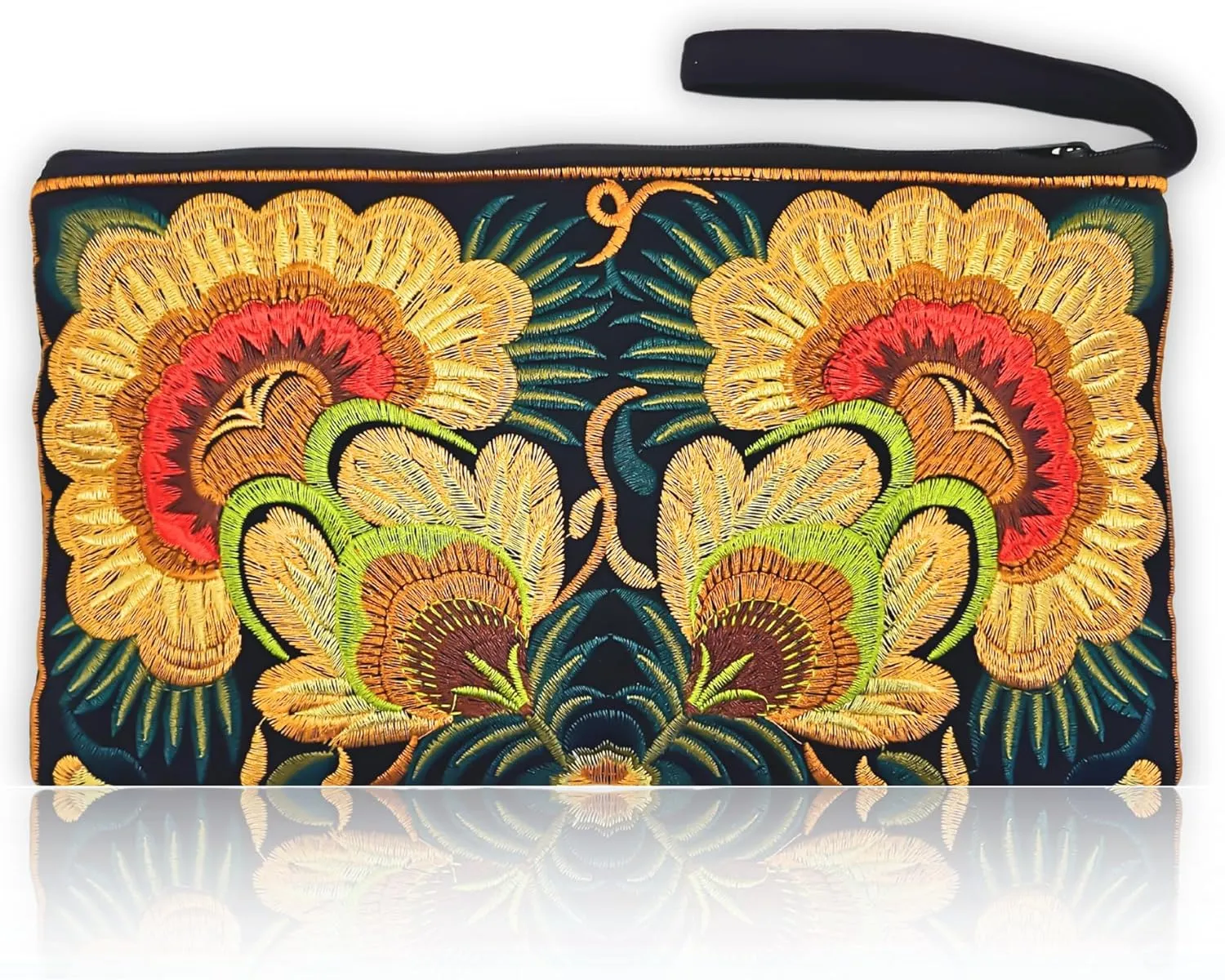 Sabai Jai - Floral Embroidered Boho Clutch - Handmade Ethnic Flower Wristlet Purse
