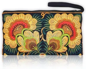 Sabai Jai - Floral Embroidered Boho Clutch - Handmade Ethnic Flower Wristlet Purse