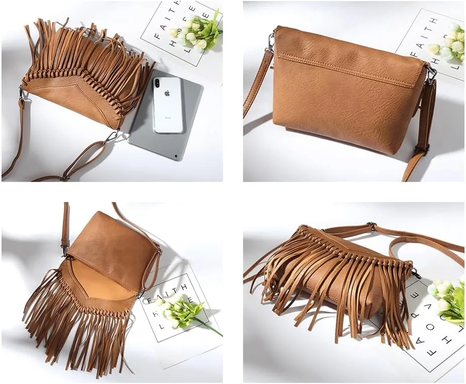 Saddhu Fringe Crossbody Purse for Women Faux Leather Handbag Tassel Bohemian Cross Body Bag for Wedding Cocktail Party