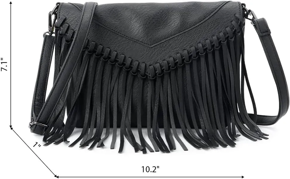 Saddhu Fringe Crossbody Purse for Women Faux Leather Handbag Tassel Bohemian Cross Body Bag for Wedding Cocktail Party